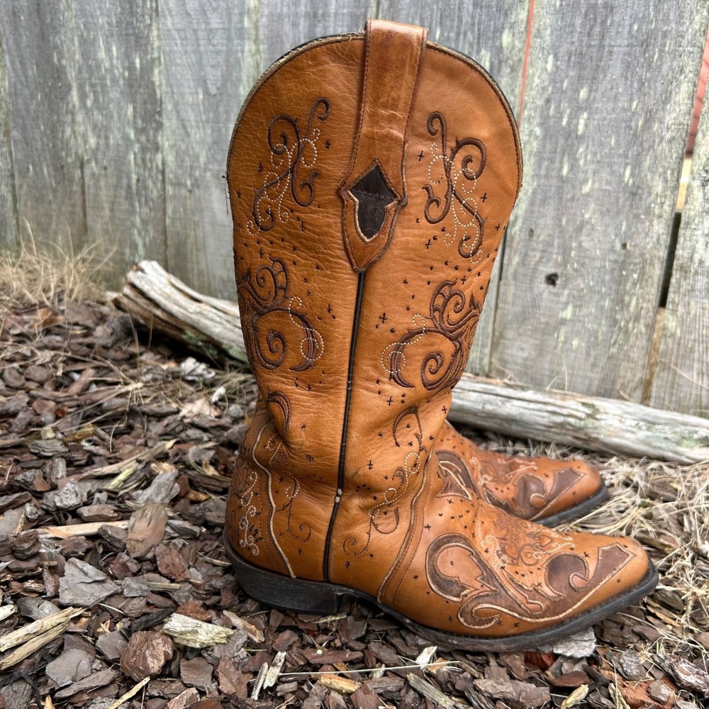 Sterling River Tan Leather Western Cowboy Boots Embroidered Scroll SR210 W 6B‎